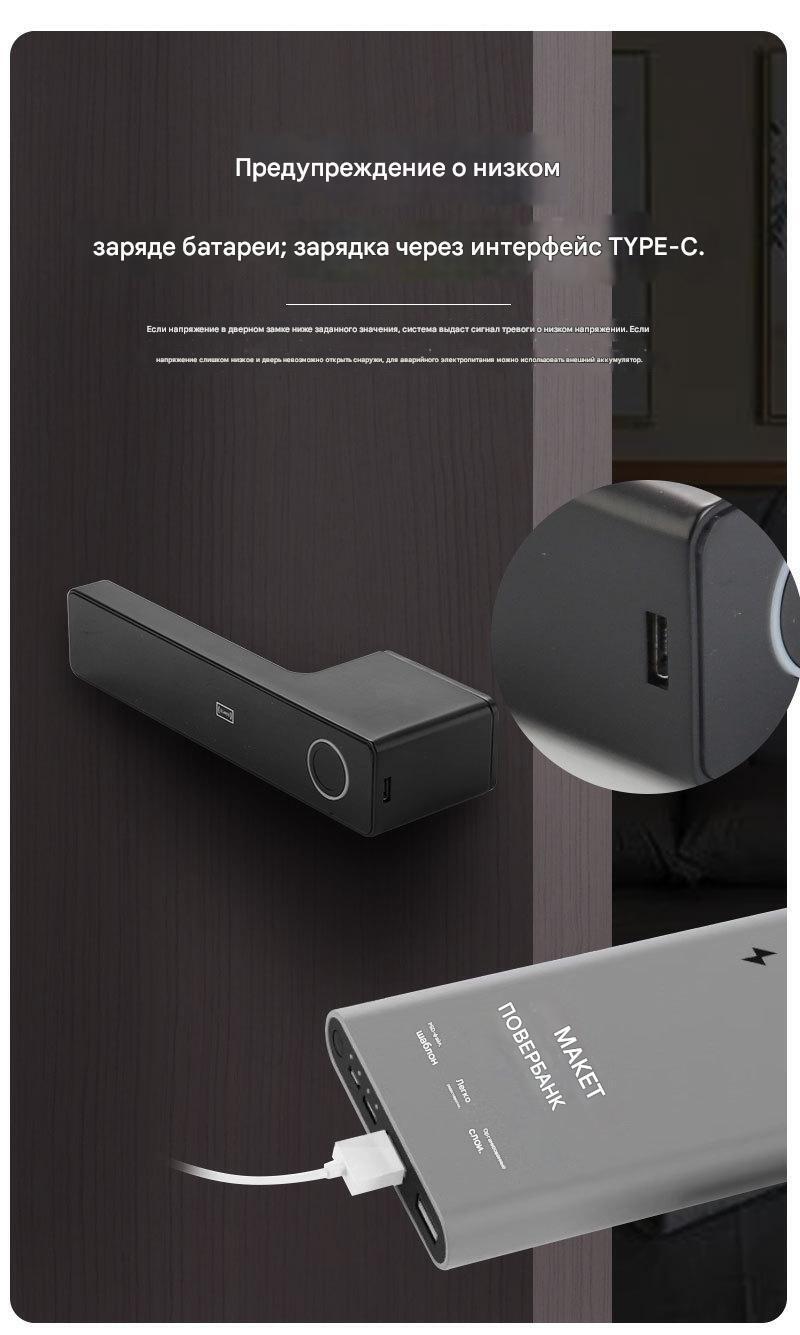 Умная дверная ручка-замок Smart 01 Platinum Gray с отпечатком пальца и поддержкой Smart Life (Платиново-серый) — изображение 7